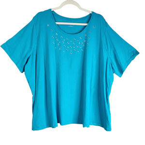 Catherine's Womens Top Shirt Blouse Plus Size 3X Short Sleeves Turquoise Blue